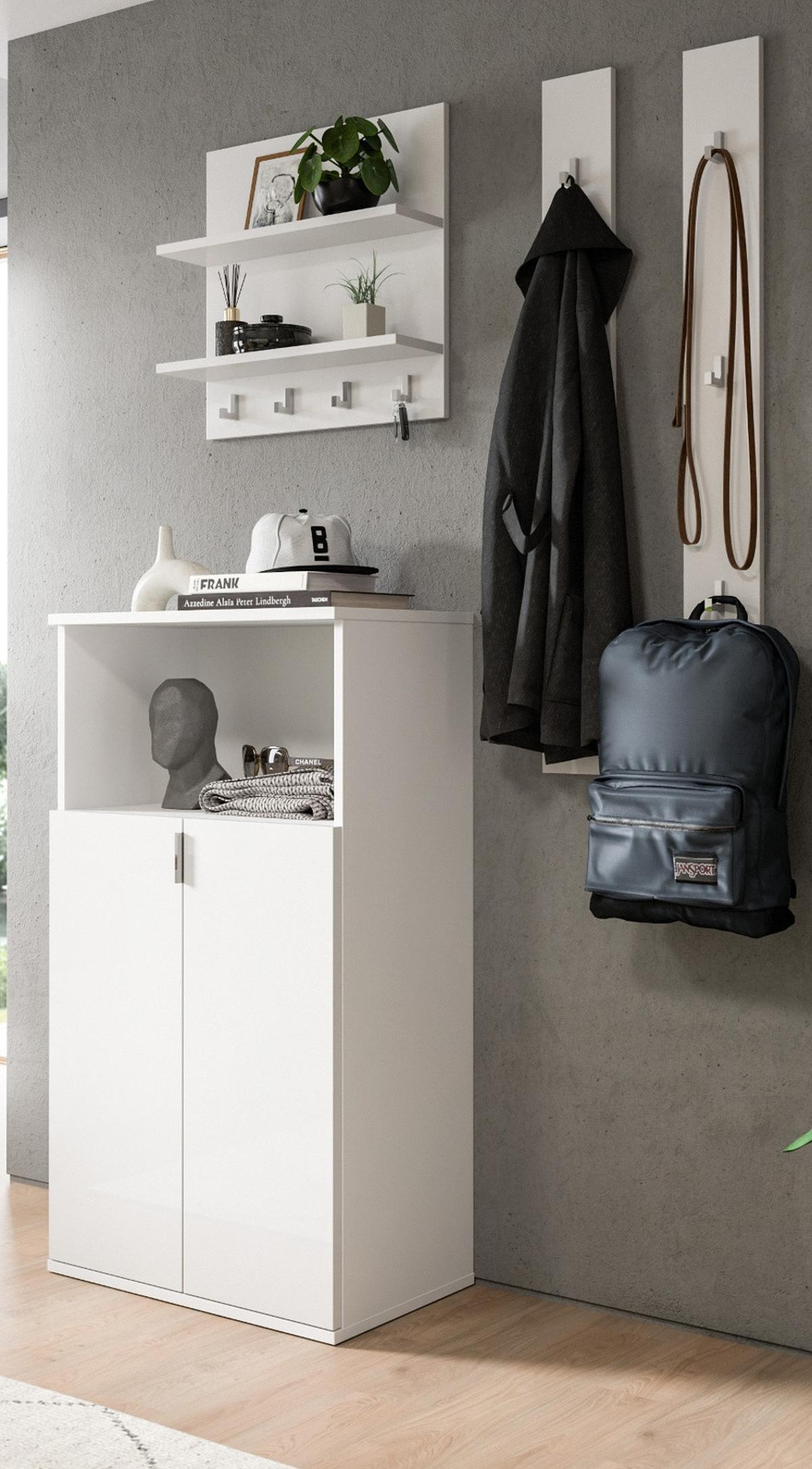 GARDEROBE Set 4-teilig weiß Hochglanz 117 cm, moderne Flurgarderobe - Chromfarben/Weiß Hochglanz, Glas/Holzwerkstoff (117/193/37cm) - Inn.Furn