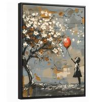 LEINWAND Bilder mit Rahmen - Baum - Graffiti - Banksy-Stil - Ballon-Mädchen - 30x40 - Blaugrau, Textil (30/40cm) - MuchoWow
