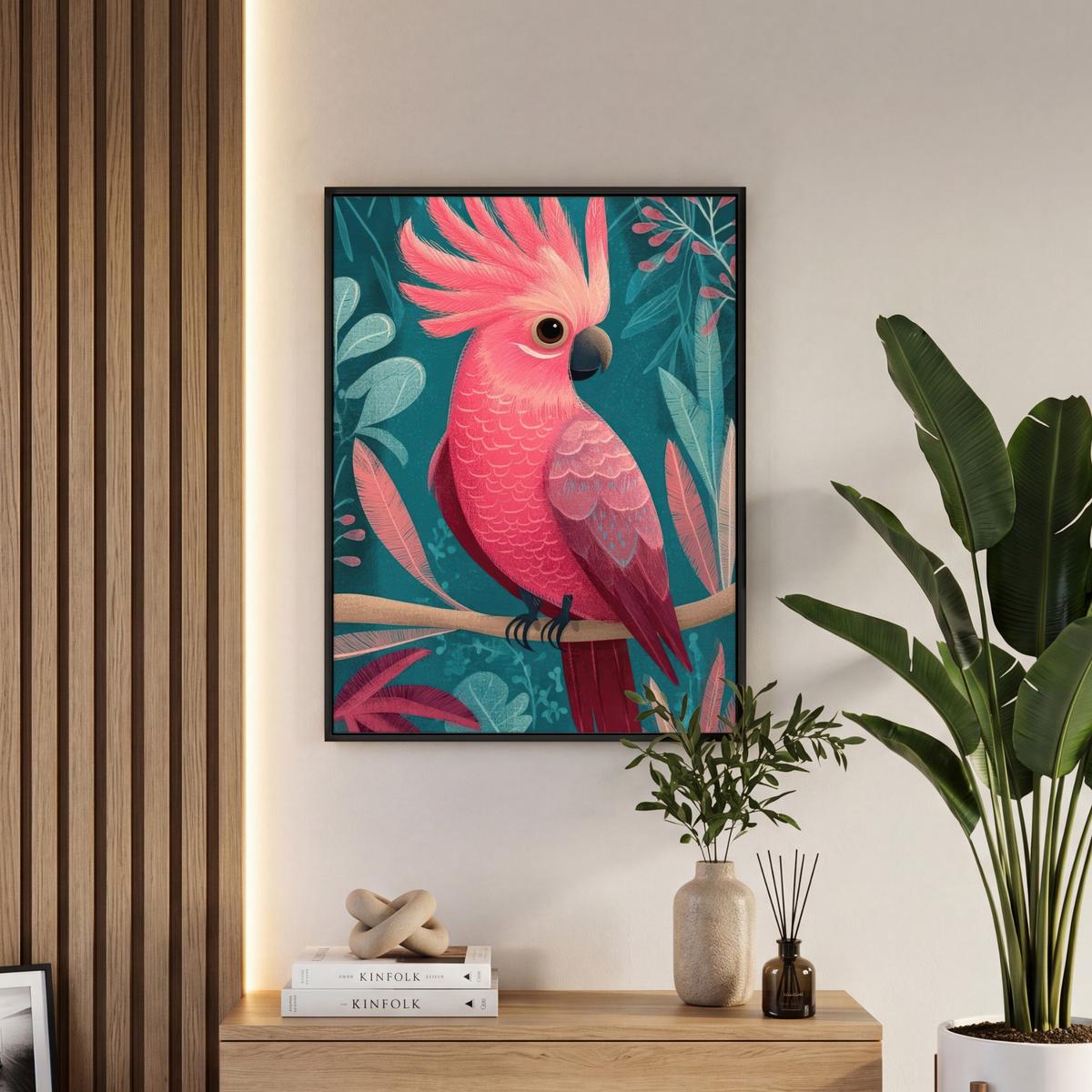 LEINWAND Bilder mit Rahmen - Kakadu - Tropische Blätter - Zweig - 50x70 - Petrol, Textil (50/70cm) - MuchoWow