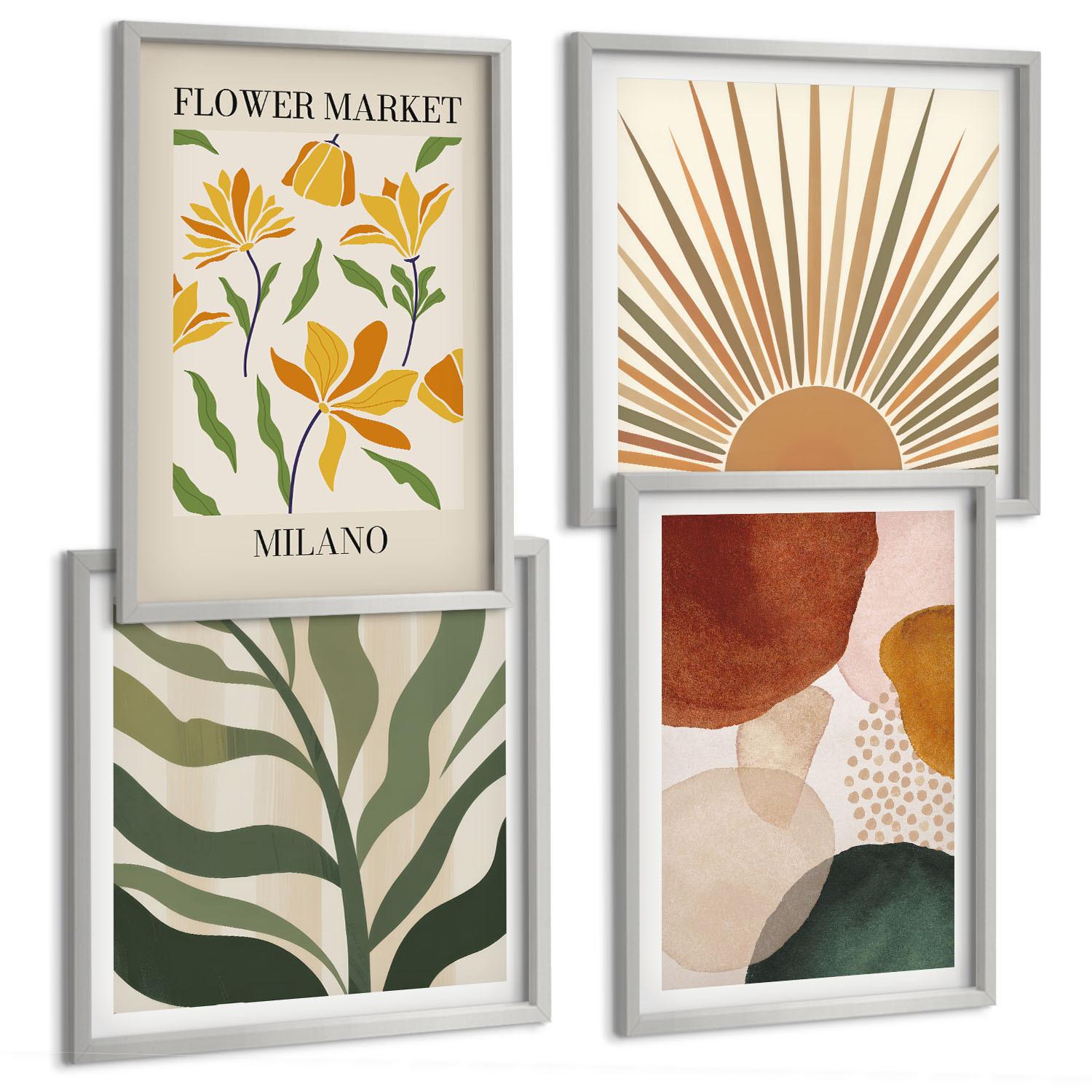 BILDER SET 4er Set - 50x50 cm & 40x60 cm Silberner Rahmen - Abstrakte Blumenmotive - Silberfarben, Kunststoff (50/50cm) - TULUP