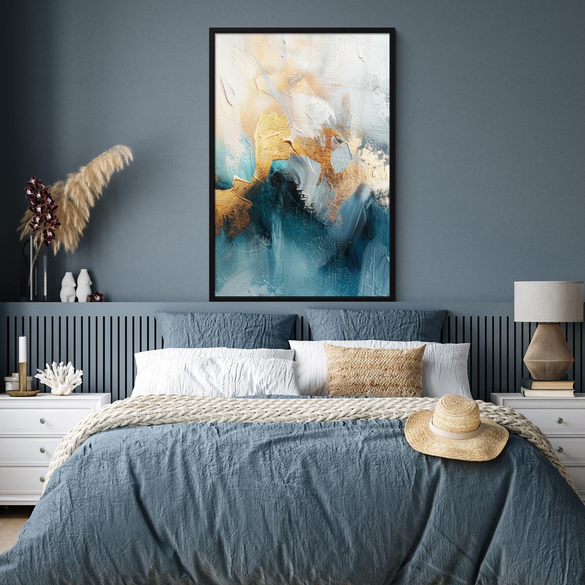 POSTER MIT RAHMEN Abstrakt - Kunst - Gold - Blau Bilderleiste 80x120 cm - Petrol, Papier (80/120cm) - MuchoWow