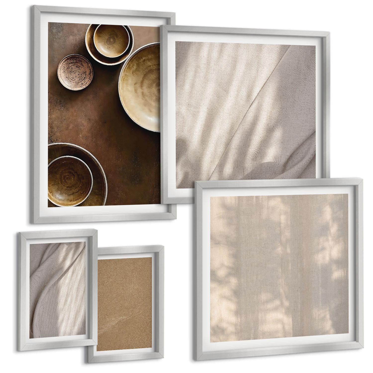 BILDER SET 5er Set - 50x50 cm & 20x30 cm & 40x60 cm Silberner Rahmen - Strukturen, Texturen, Minimalismus - Silberfarben, Kunststoff (40/60cm) - TULUP