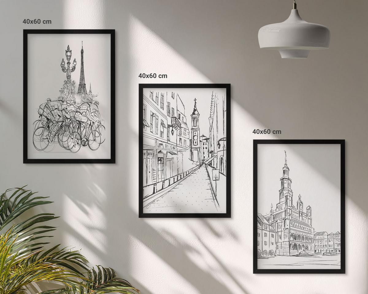 BILDER SET 3er Set - 40x60 cm Schwarzer Rahmen - Einfache Zeichnungen von Stadtlandschaften - Schwarz, Kunststoff (40/60cm) - TULUP
