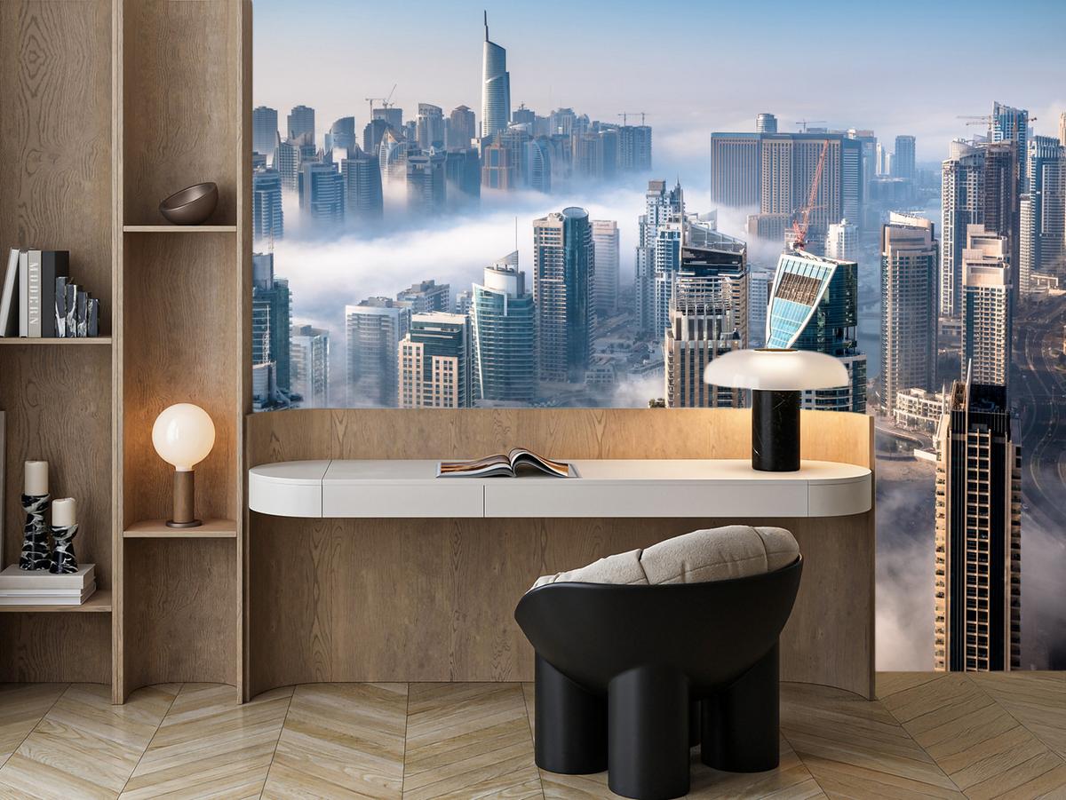 FOTOTAPETE für Büro Dubai Nebel Wolkenkratzer Skyline Panorama 400x280 - Blau/Beige, Papier (400/280cm) - Muralo