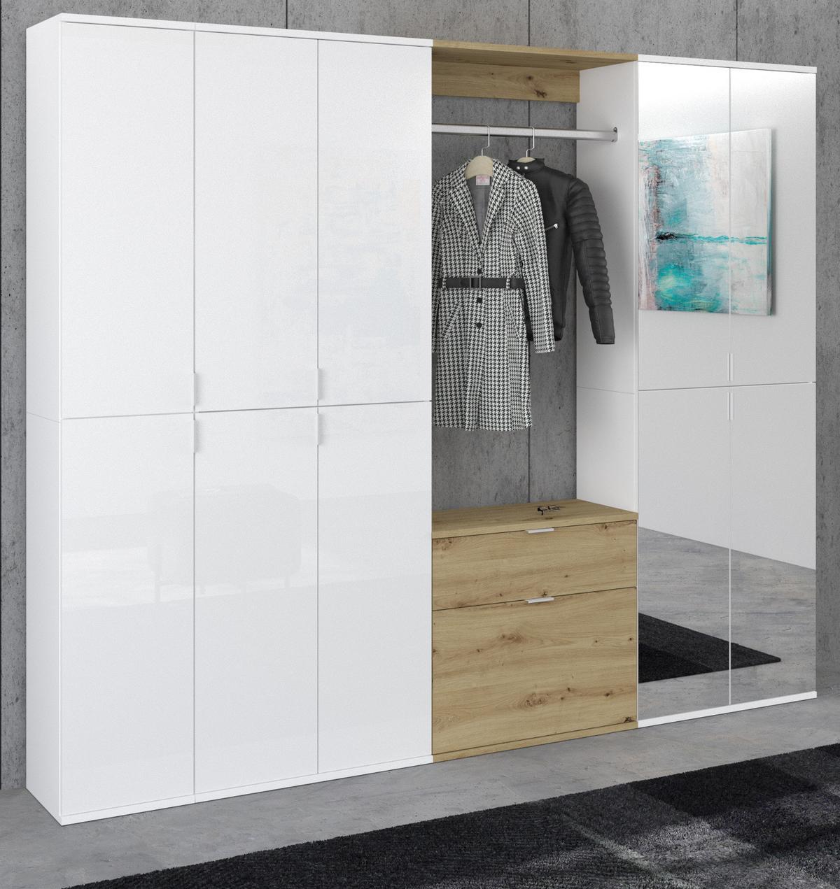 GARDEROBEN-SET weiß Hochglanz, Eiche 213 cm, Komplettset mit Spiegel - Weiß Hochglanz/Eiche Artisan, Holzwerkstoff/Metall (213/193/34cm) - Inn.Furn