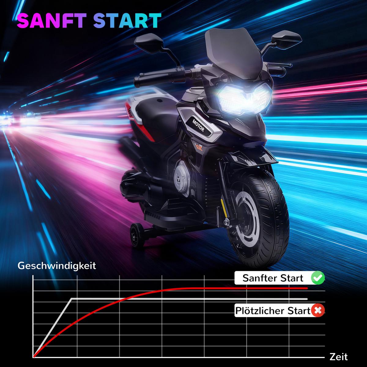 ELEKTRO-MOTORRAD Kinder 6V mit 2 Hilfsrädern, Schwarz - Schwarz, Kunststoff (85.5/44.5/56cm) - AIYAPLAY