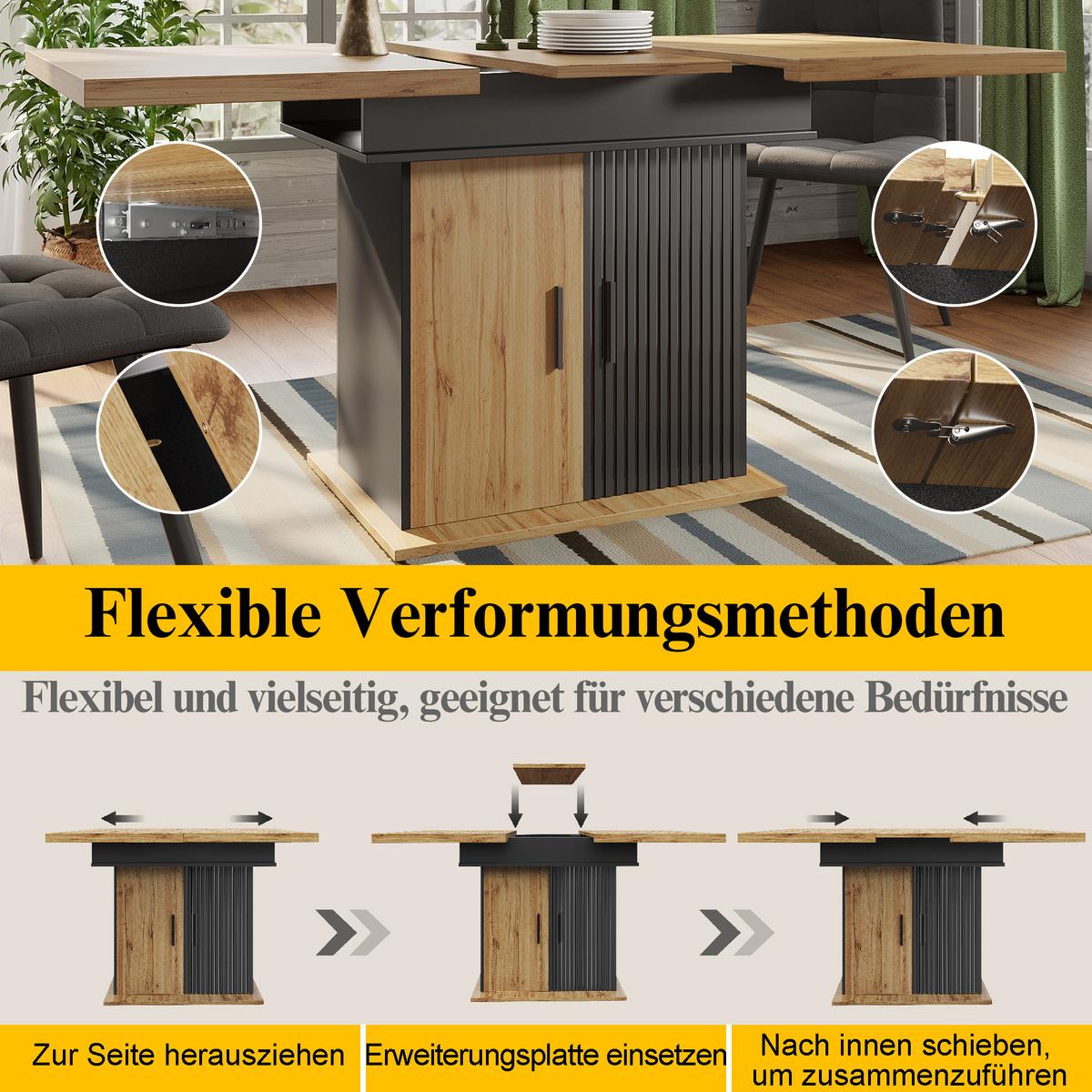 ESSTISCH Ausziehbar 110-140cm Schwarz & Natur Teleskoptisch mit Stauraum - Naturfarben, Holzwerkstoff (80/110/75cm) - Urban Meuble