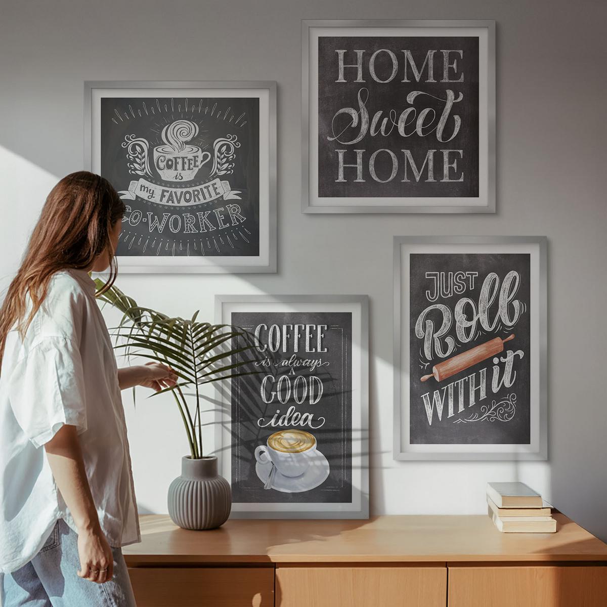 BILDER SET 4er Set - 50x50 cm & 40x60 cm Silberner Rahmen - Kaffeeroller, heimelige Wärme - Silberfarben, Kunststoff (50/50cm) - TULUP