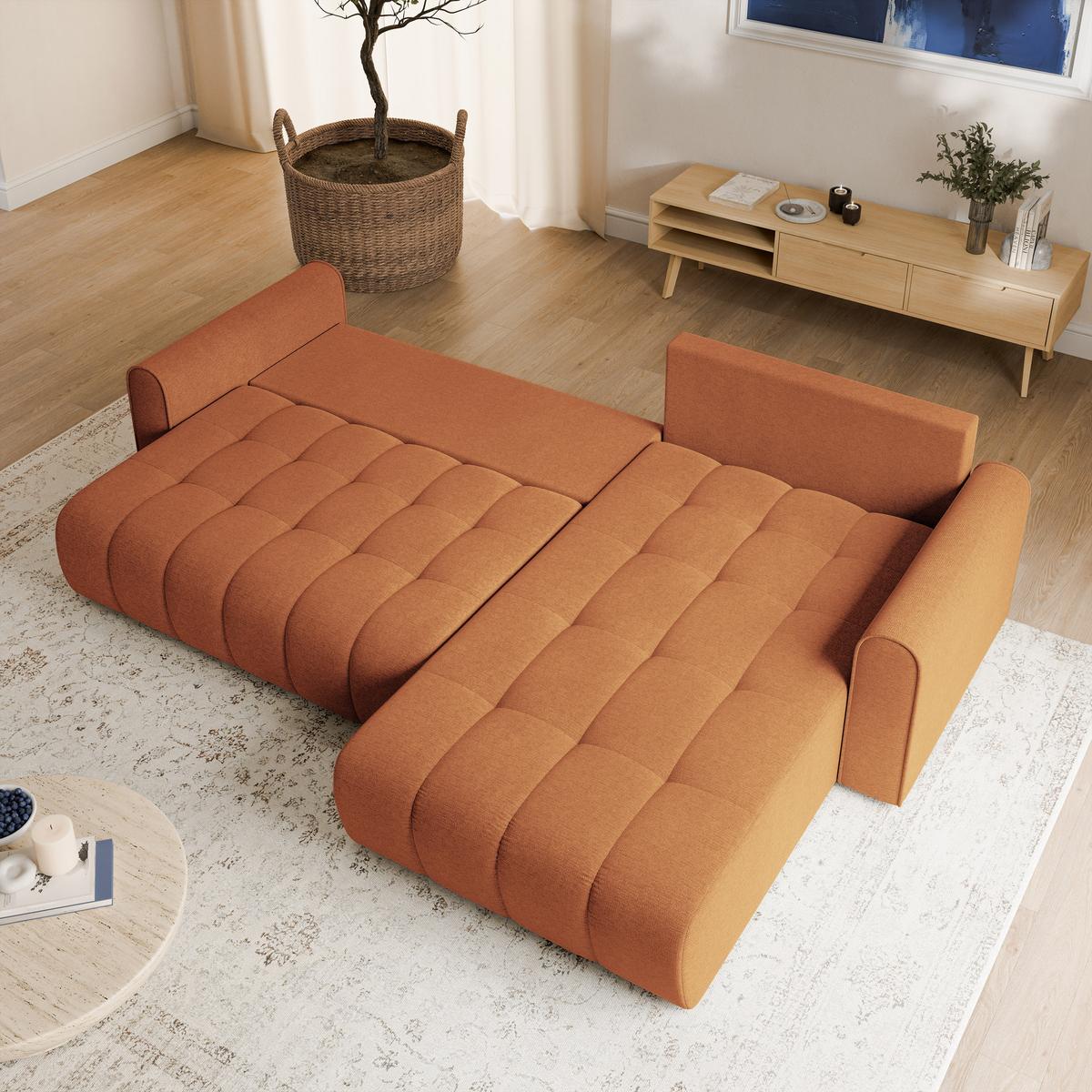 ECKSOFA FRIGA Orange Strukturstoff mit Schlaffunktion - Orange, Holz (283/185cm) - MASSENO