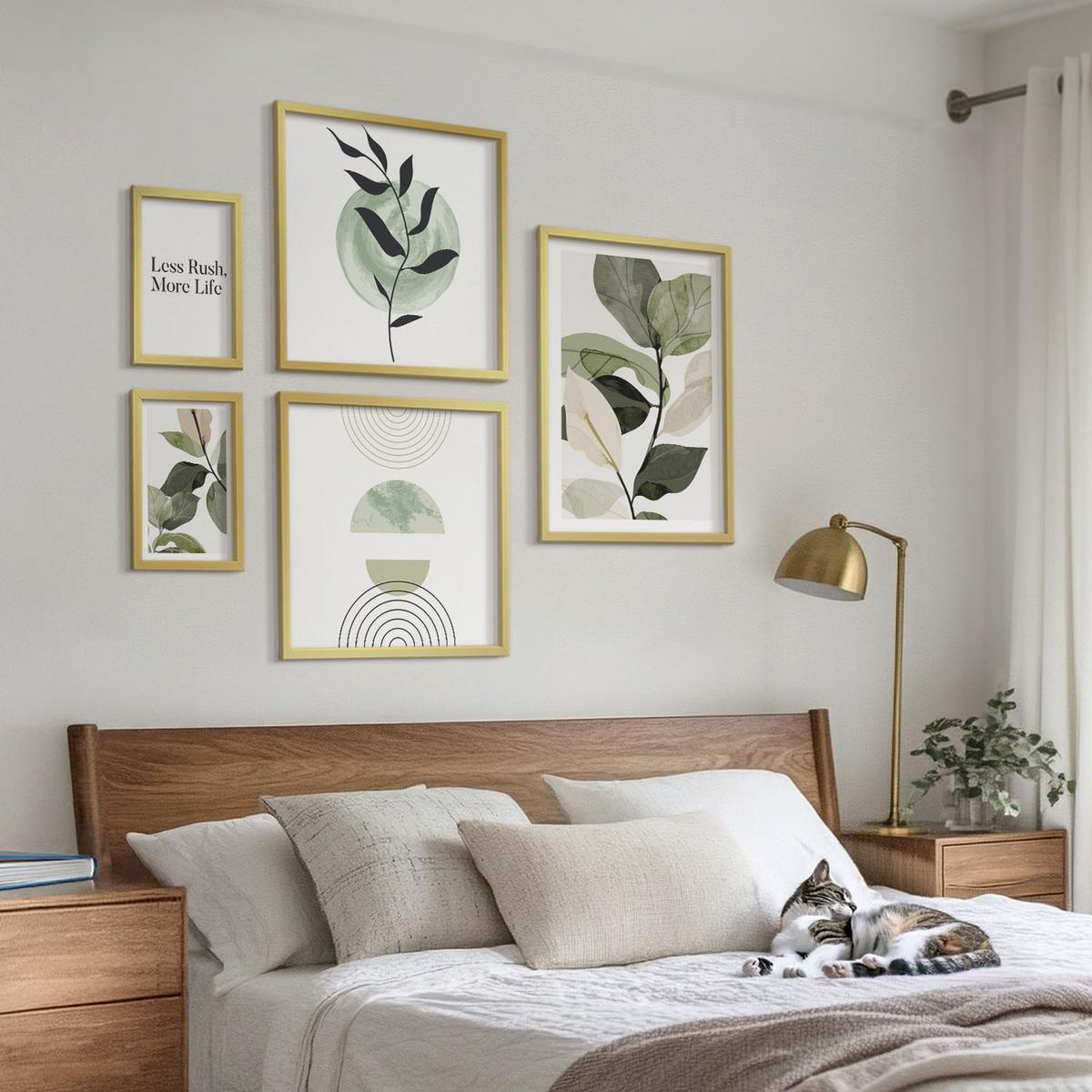 BILDER SET 5er Set - 50x50 cm & 20x30 cm & 40x60 cm Goldrahmen - Geometrische Pflanzenformen - Goldfarben, Kunststoff (40/60cm) - TULUP
