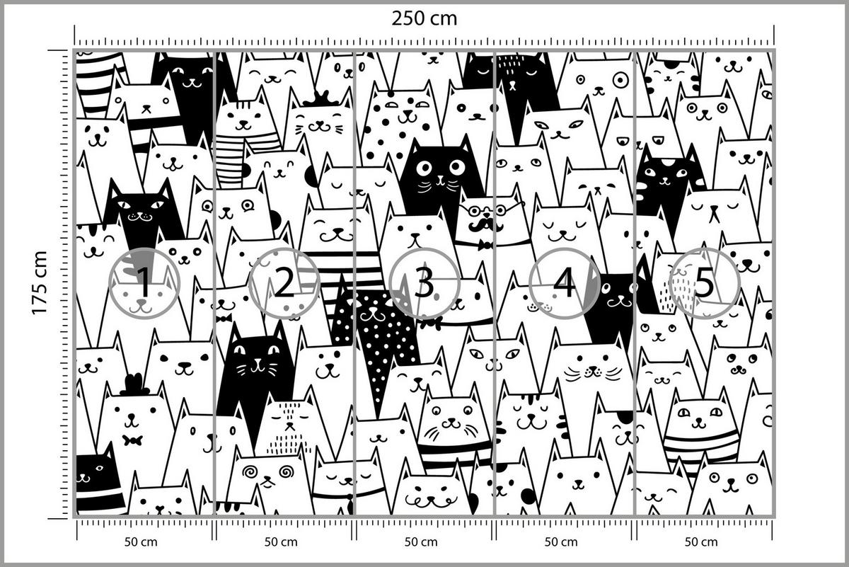 FOTOTAPETE für Kinderzimmer Schwarze Weiße Comic Katzen 250x175 - Schwarz/Weiß, Papier (250/175cm) - Muralo