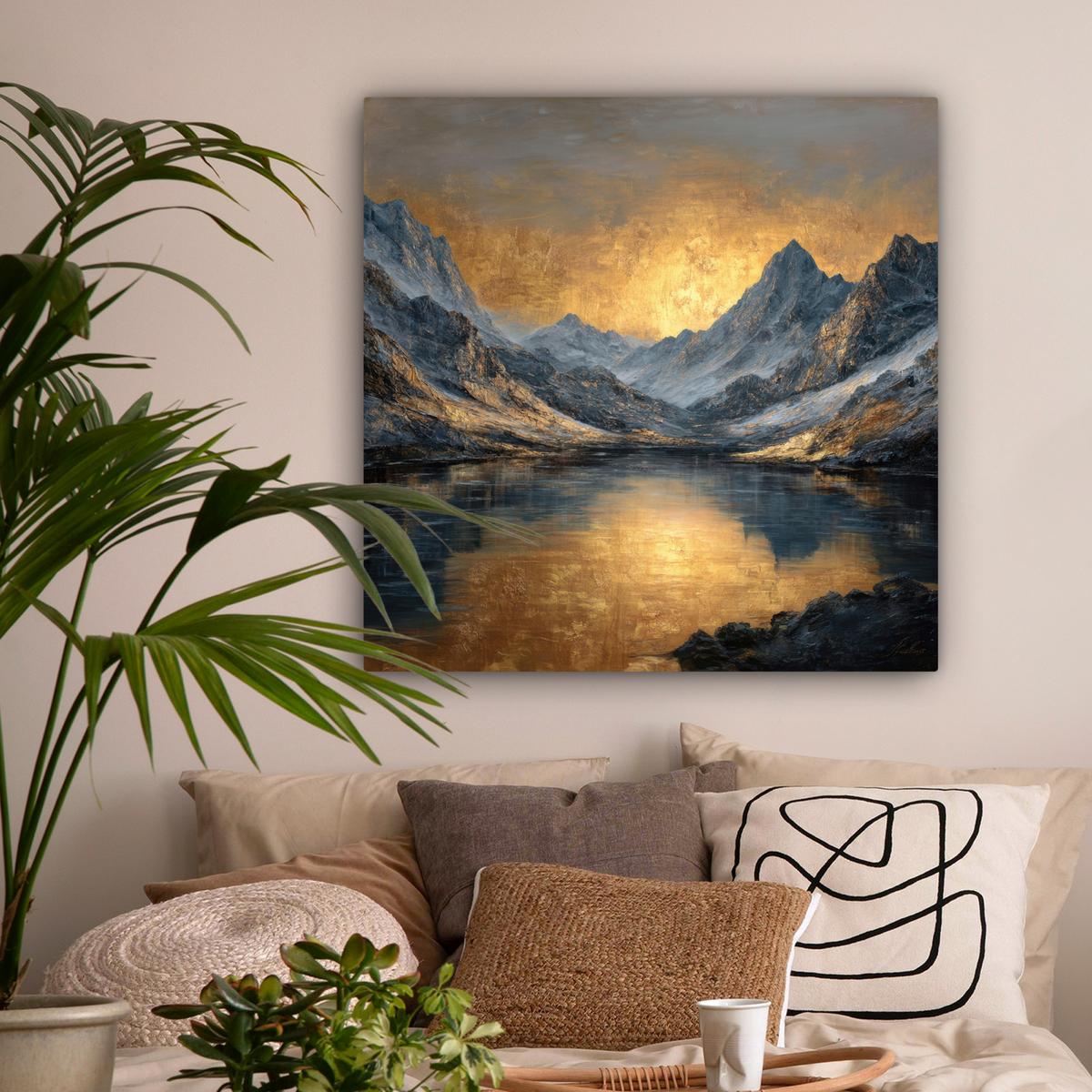 LEINWANDBILD Bergkulisse mit goldenem Sonnenuntergang Deko Groß 90x90 cm - Goldfarben, Textil (90/90cm) - MuchoWow