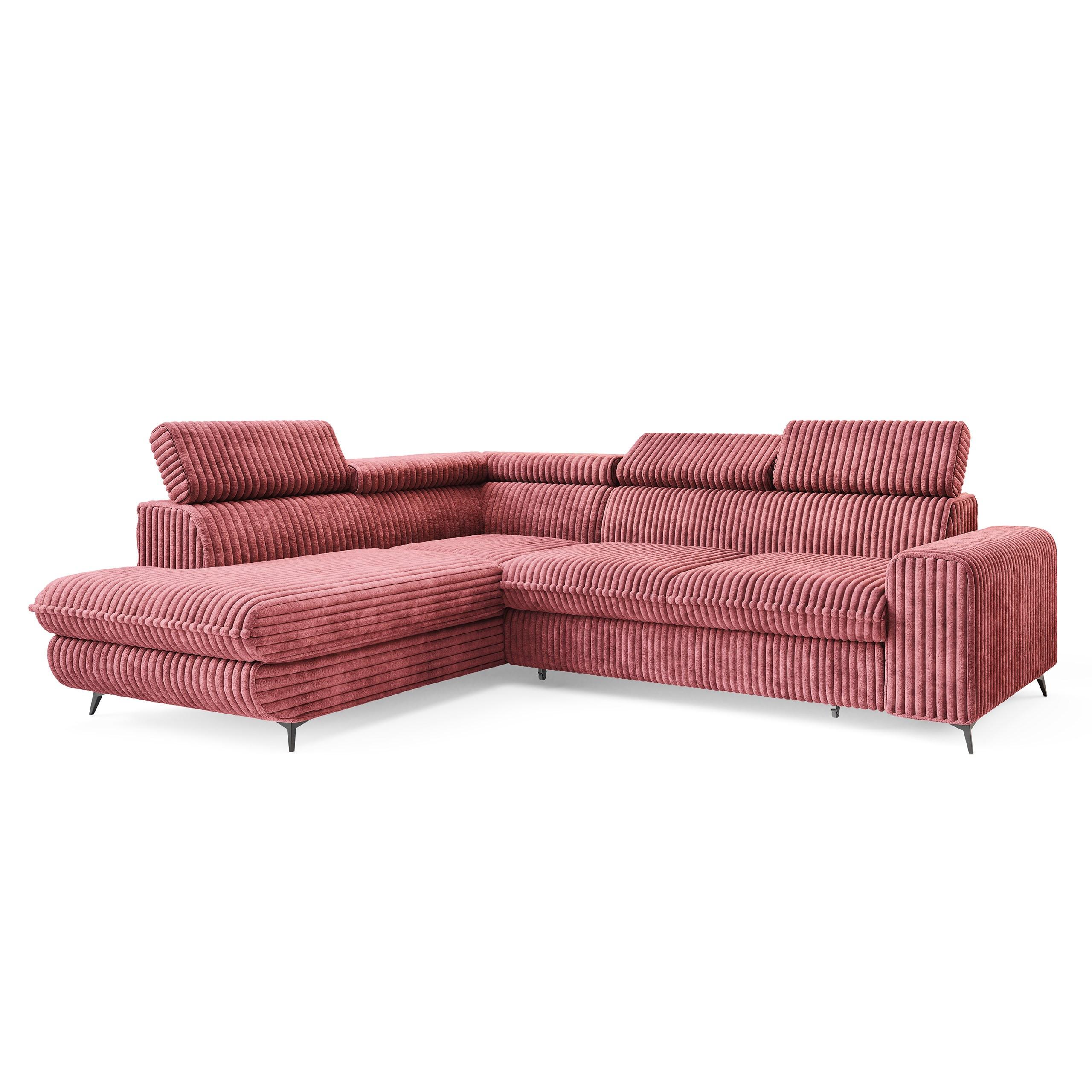 ECKSOFA VELISS Rosa Kordstoff mit Schlaffunktion - Rosa, Holz (255/193cm) - MASSENO