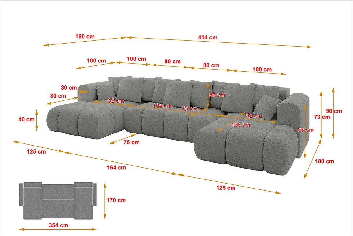 WOHNLANDSCHAFT CLOUD-U-v1 405x185x90 Hellgrau Bouclé - Hellgrau, Holzwerkstoff/Kunststoff (405/90/185cm) - ALTDECOR