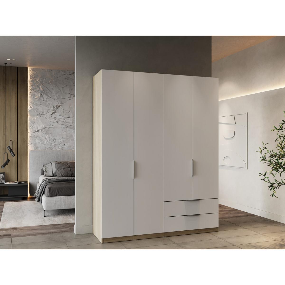 KLEIDERSCHRANK mit 4 Türen und 2 Schubladen Ghost - L157,3 cm - Weiß/Sonoma Eiche, Holzwerkstoff (51.1/203/204.5cm) - Demeyere