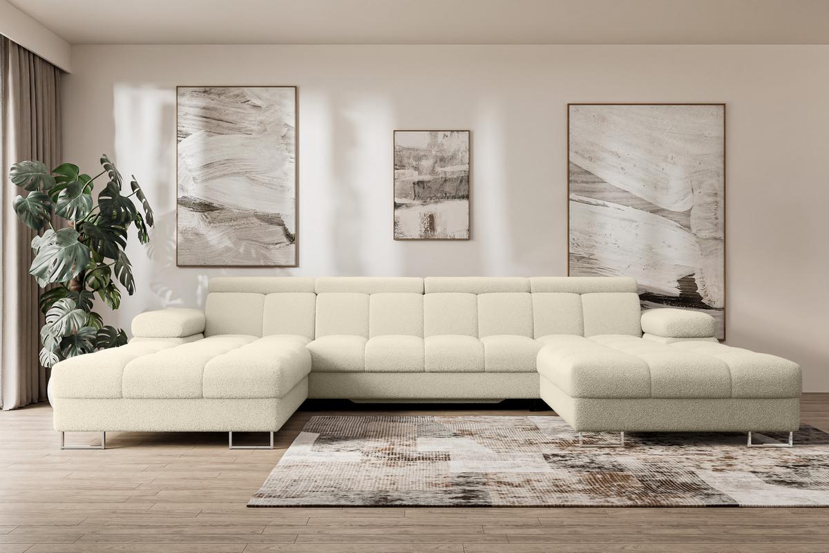 WOHNLANDSCHAFT mit Schlaffunktion und Bettkasten COMA U2 345x203x79 Beige Bouclé - Sandfarben, Holzwerkstoff/Textil (345/79/203cm) - ALTDECOR