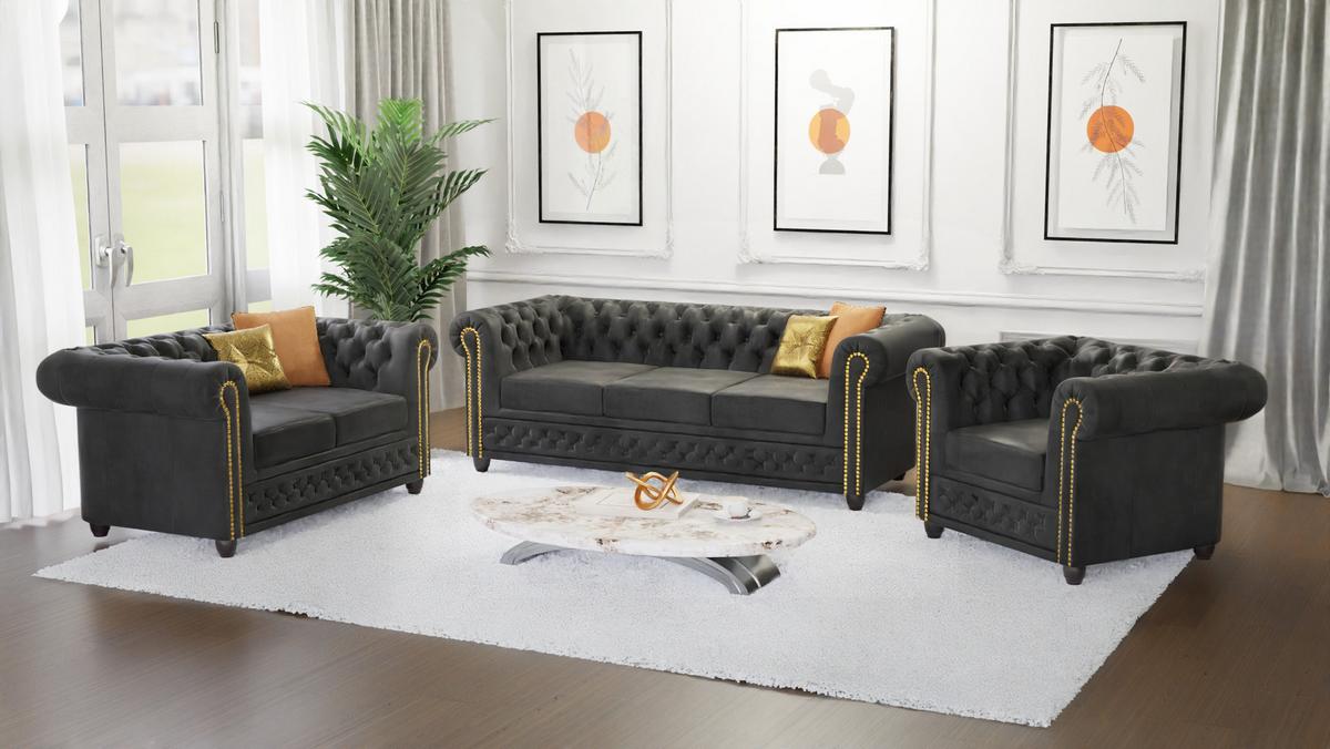 CHESTERFIELD-SOFA 2-sitzer Flux Anthrazit Microfaser Vintageoptik - Anthrazit/Braun, Holz/Textil (148/72/86cm) - S-Style Möbel