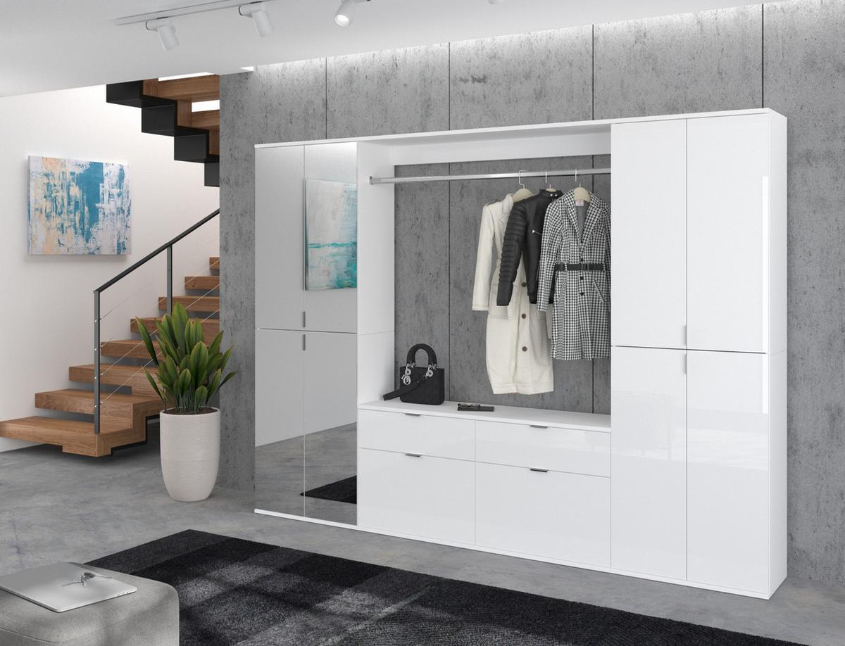 KOMMODE weiß Hochglanz 110 cm, Schuhschrank mit 4 Vollauszug Schubkästen und 4 Fächern - Chromfarben/Weiß Hochglanz, Holzwerkstoff/Kunststoff (110/85/37cm) - Inn.Furn