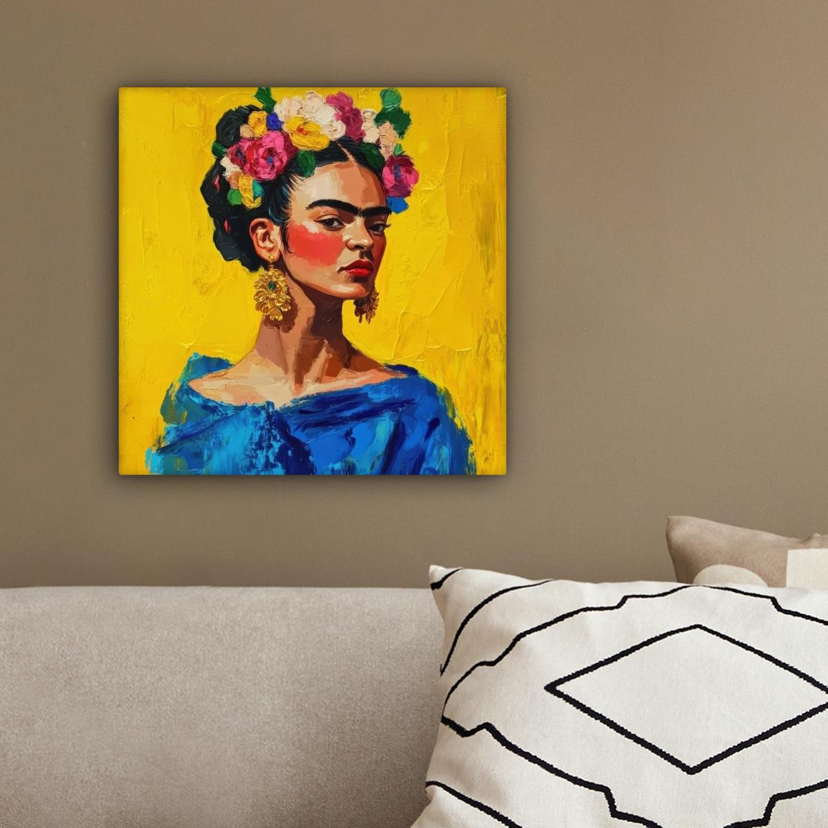 LEINWANDBILD Frida Kahlo - Frau - Gelb - Blau - Blumen Deko Wohnzimmer 20x20 cm - Gelb, Textil (20/20cm) - MuchoWow