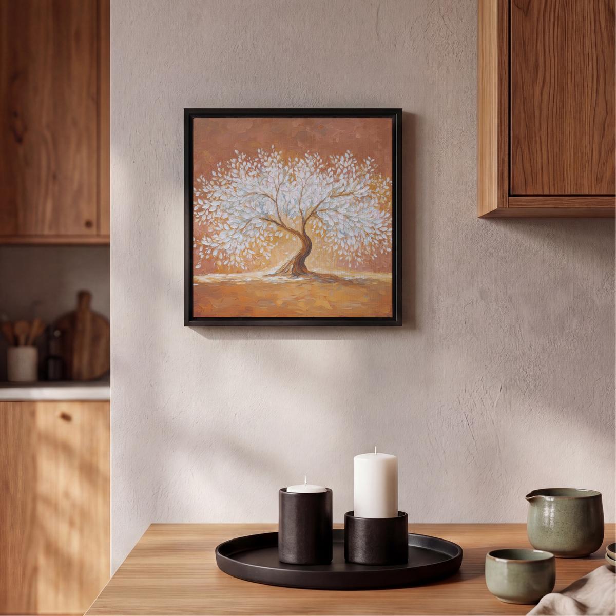 LEINWAND Bilder mit Rahmen - Abstrakt - Baum - Weiß - Blätter - 20x20 - Braun, Textil (20/20cm) - MuchoWow