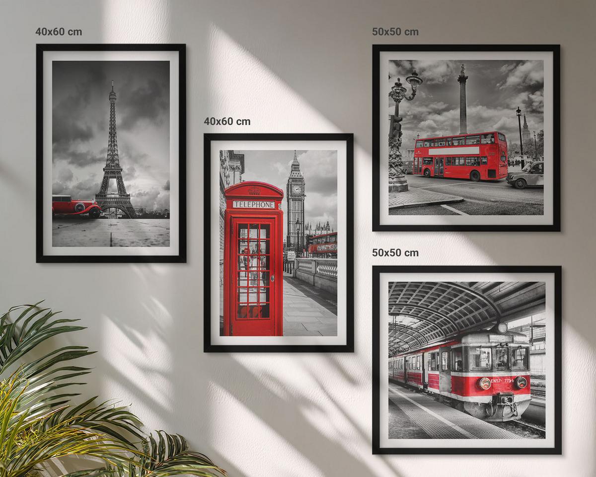 BILDER SET 4er Set - 50x50 cm & 40x60 cm Schwarzer Rahmen - Ikonische Städte London Paris Eisenbahn - Schwarz, Kunststoff (50/50cm) - TULUP