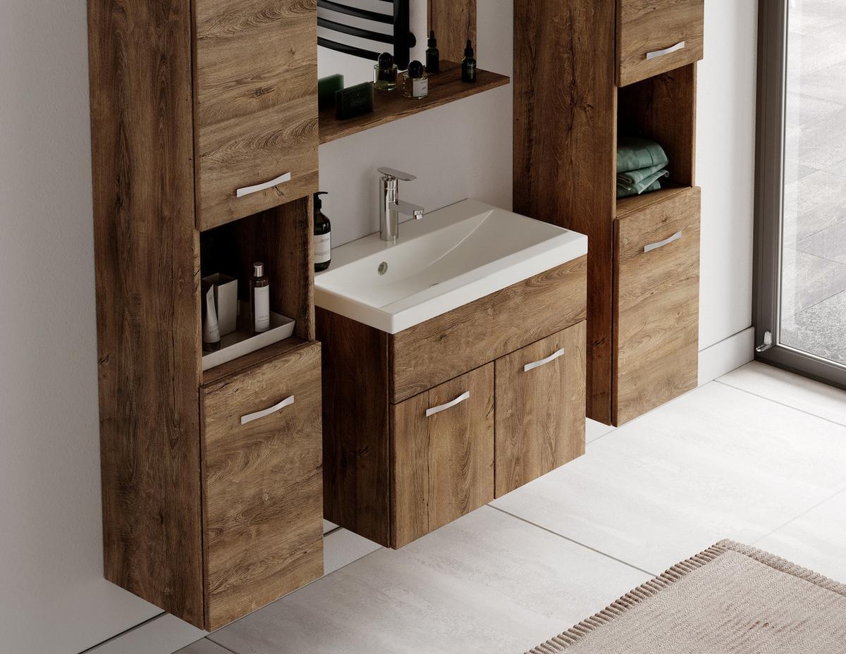 BADMÖBEL-SET Montreal 5 Teile Braun Eiche - 60 x 35 x 51 cm - Chromfarben/Braun, Holz/Metall (60/51/35cm) - Badplaats