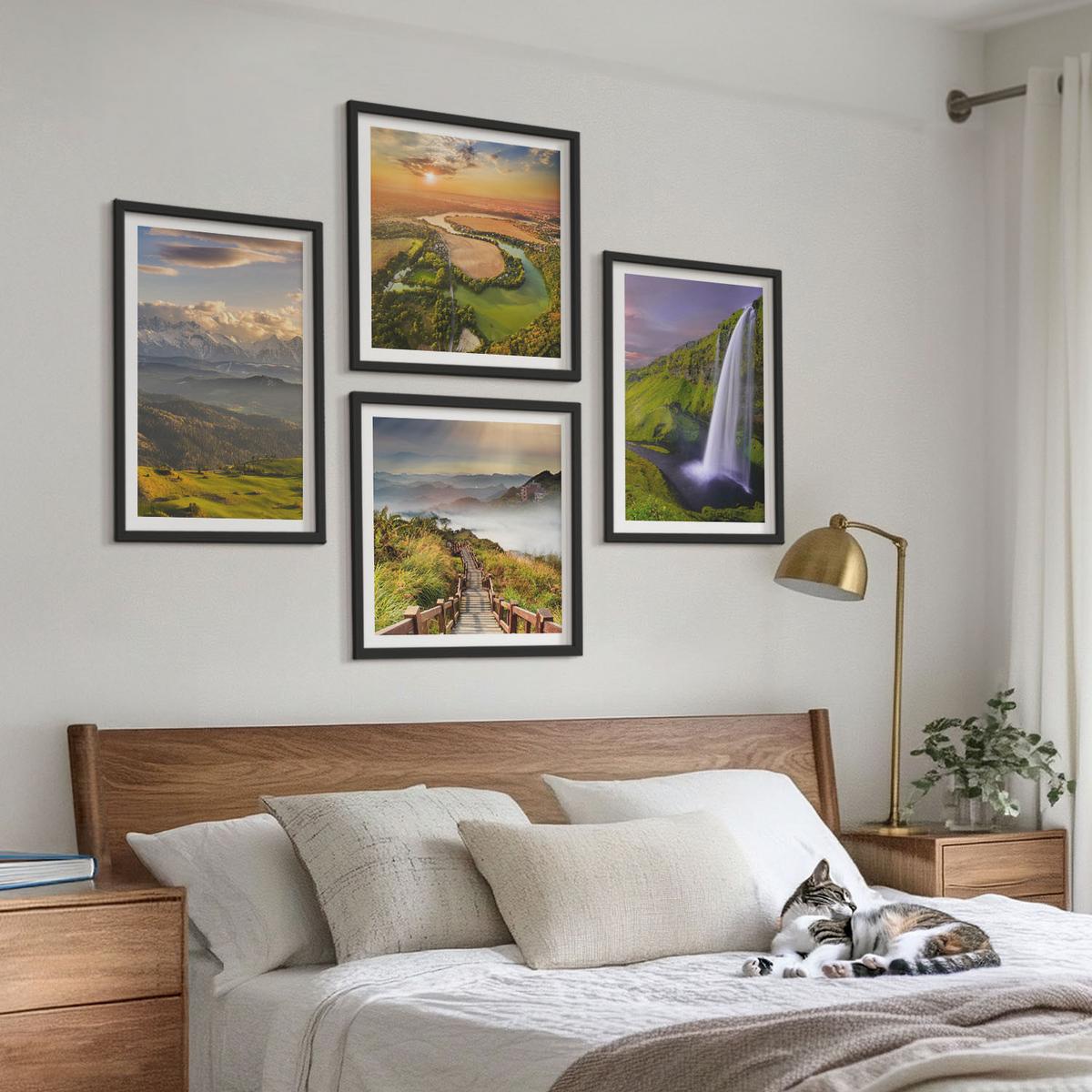 BILDER SET 4er Set - 50x50 cm & 40x60 cm Schwarzer Rahmen - Ausblicke auf Berge, Flüsse und Wasserfälle - Schwarz, Kunststoff (50/50cm) - TULUP