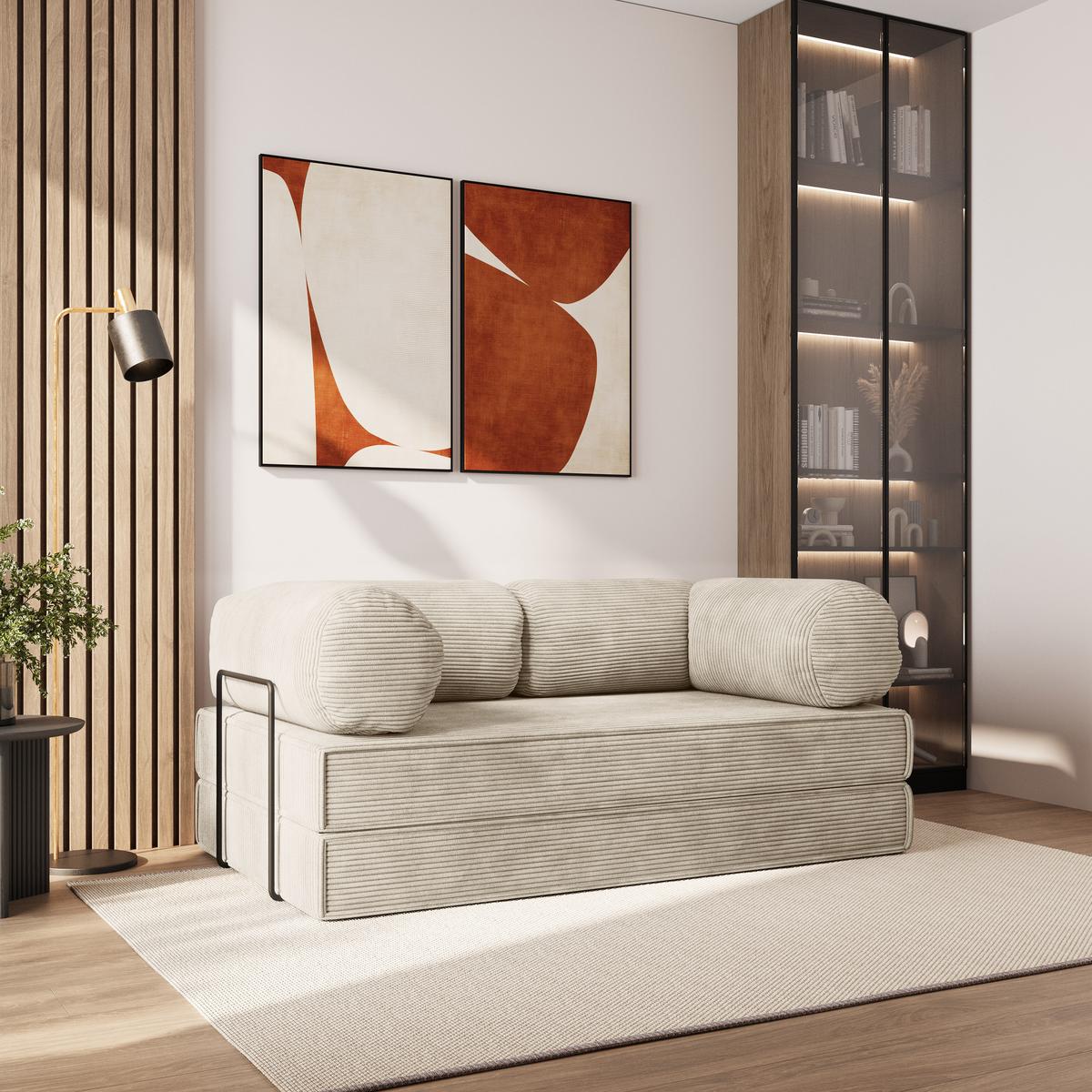BETTSOFA ALVIO aus Schaumstoff Cordstoff Creme Schlaffunktion - Creme, Textil (170/68/80cm) - MASSENO