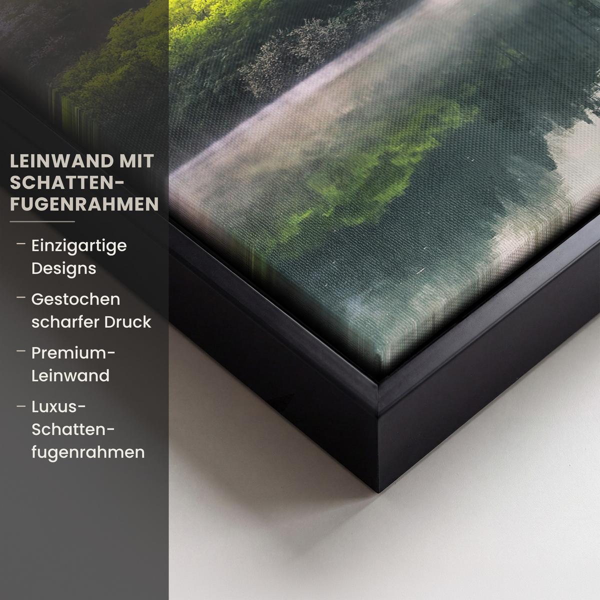 LEINWAND Bilder mit Rahmen - Natur - Bäume - Berge - See - Wasser - 30x20 - Hellgrün, Textil (30/20cm) - MuchoWow