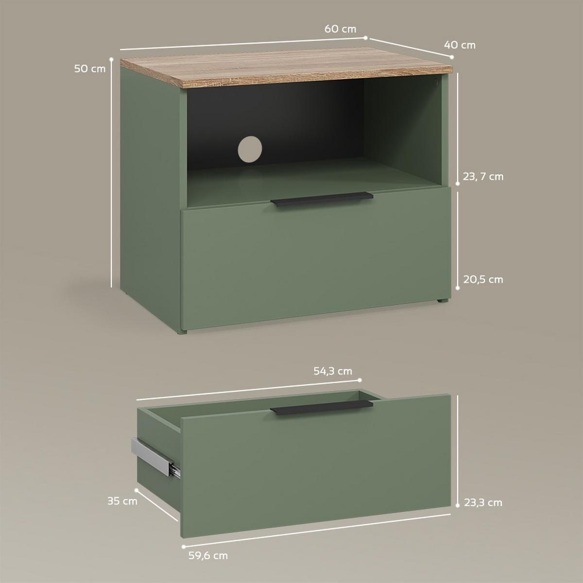 LOWBOARD Piave Grün 60 x 50 cm mit Schublade - Grün, Holzwerkstoff (60/50/40cm) - Livinity®