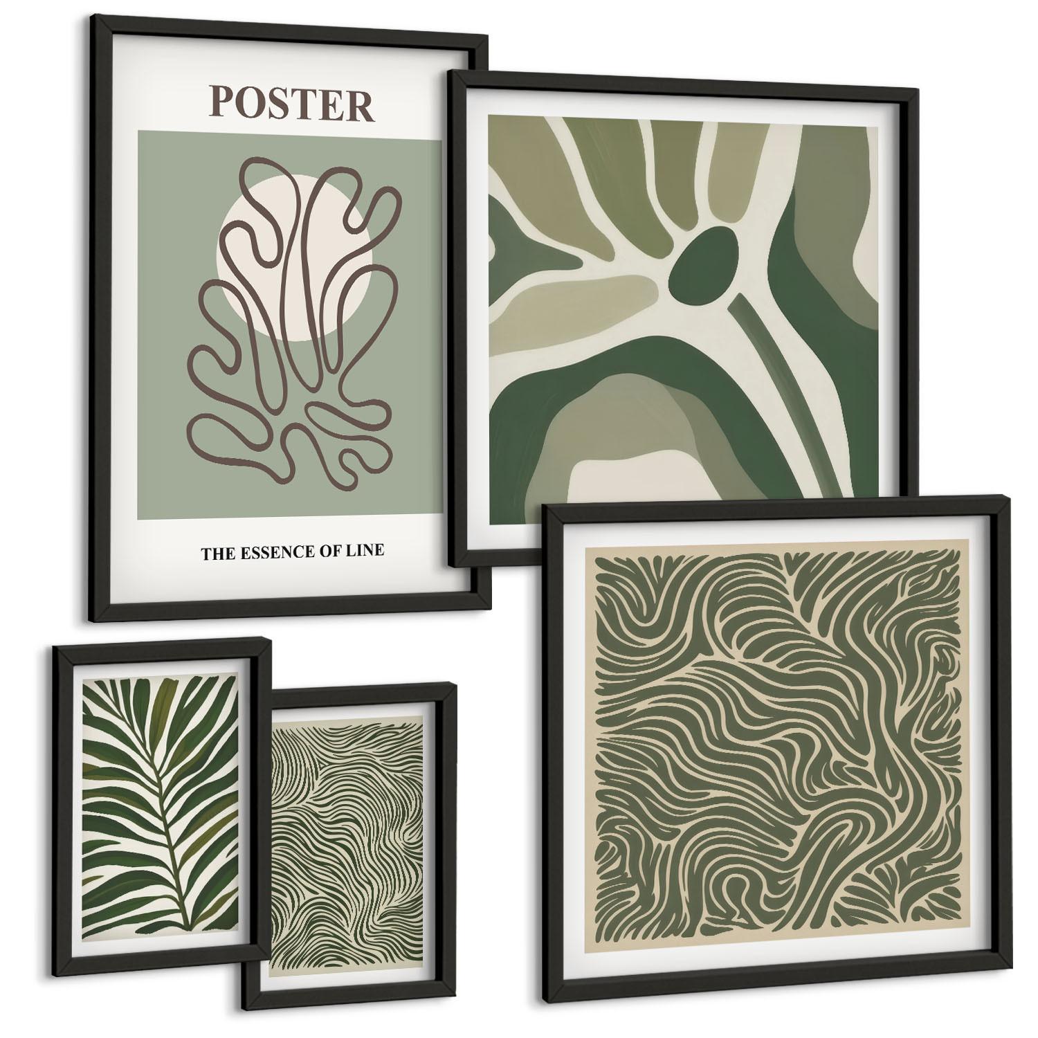 BILDER SET 5er Set - 50x50 cm & 20x30 cm & 40x60 cm Schwarzer Rahmen - Blattmuster und wellenförmige Formen - Schwarz, Kunststoff (40/60cm) - TULUP