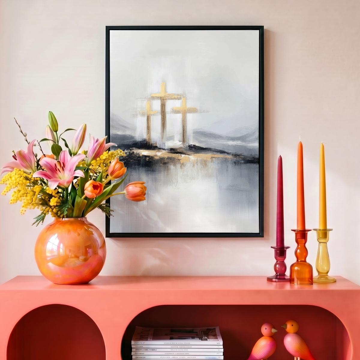 LEINWAND Bilder mit Rahmen - Abstrakt - Malerei - Christentum - Kreuz - 30x40 - Weiß, Textil (30/40cm) - MuchoWow