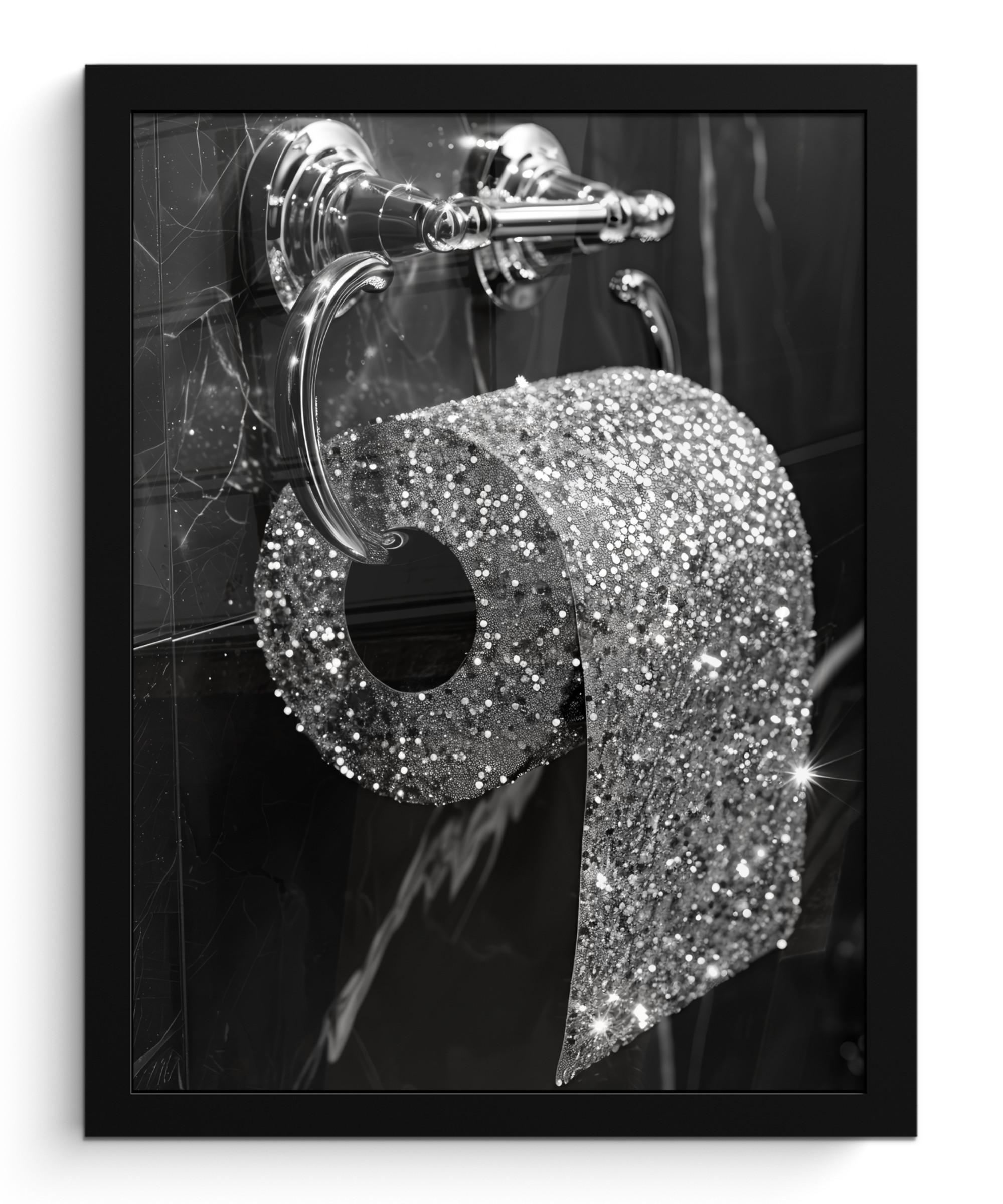 POSTER MIT RAHMEN WC - Toilettenpapier - Schwarz und weiß - Glitter Bilderrahmen 30x40 cm - Silberfarben, Papier (30/40cm) - MuchoWow