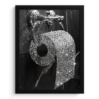 POSTER MIT RAHMEN WC - Toilettenpapier - Schwarz und weiß - Glitter Bilderrahmen 30x40 cm - Silberfarben, Papier (30/40cm) - MuchoWow
