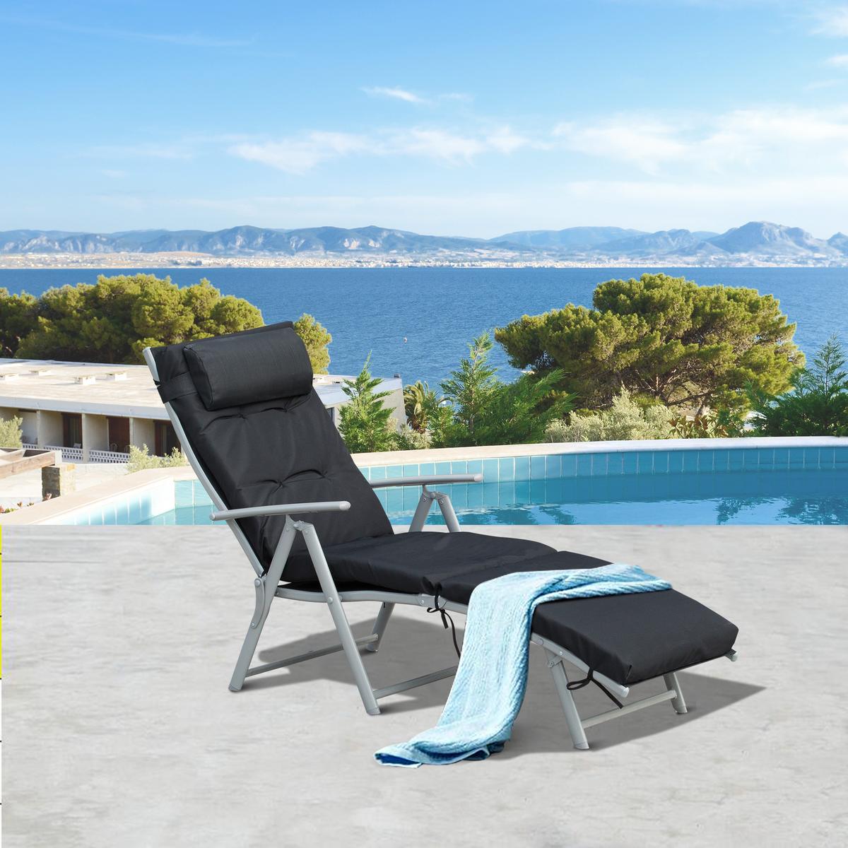 SONNENLIEGE, klappbar mit Kissen, Metall+Stoff, Schwarz, 137 x 63,5 x 100,5 cm - Multicolor, Metall (63.5/100.5/137cm) - Outsunny