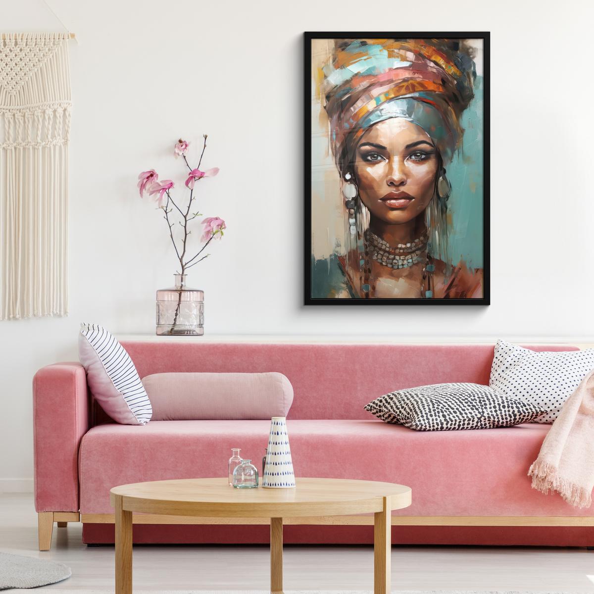 POSTER MIT RAHMENGERAHMTES BILD Frau - Kunst - Schmuck - Porträt 60x90 cm - Blaugrau, Papier (60/90cm) - MuchoWow
