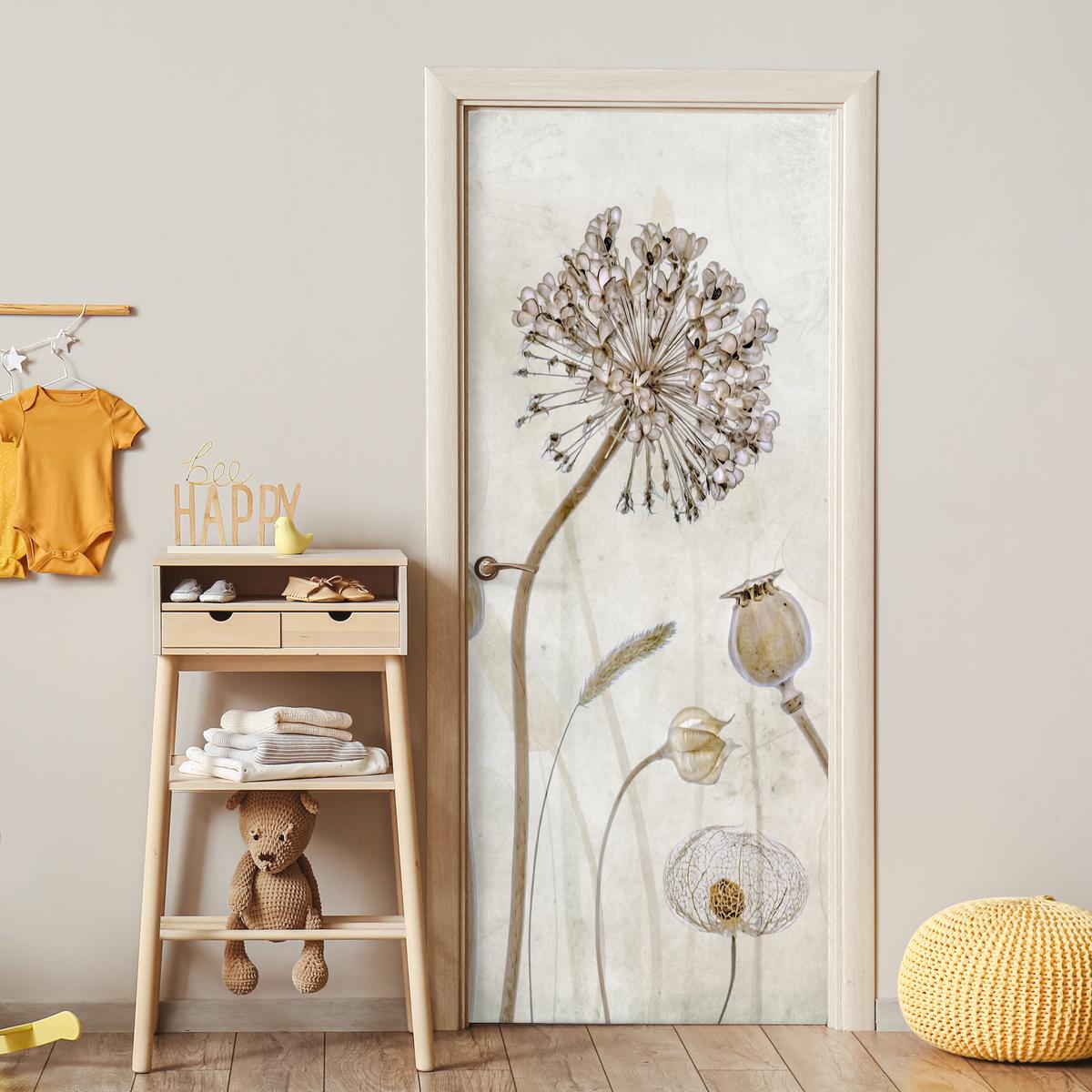 TÜRAUFKLEBER Blumen - Aquarell - Stilleben - Braun - Vintage 90x215 cm - Türtapete - Ecru, Kunststoff (90/0.1cm) - MuchoWow