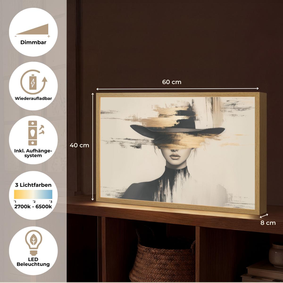 WANDLEUCHTE MIT AKKU Frau - Hut - Farbe 60x40 cm - Creme, Holzwerkstoff (60/40/8cm) - OnlyWow