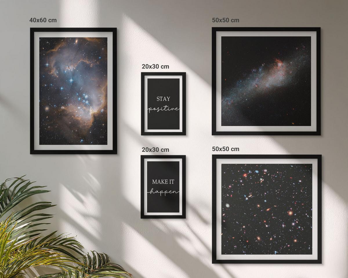 BILDER SET 5er Set - 50x50 cm & 20x30 cm & 40x60 cm Schwarzer Rahmen - Motivationsslogans Sterne Weltraum - Schwarz, Kunststoff (40/60cm) - TULUP