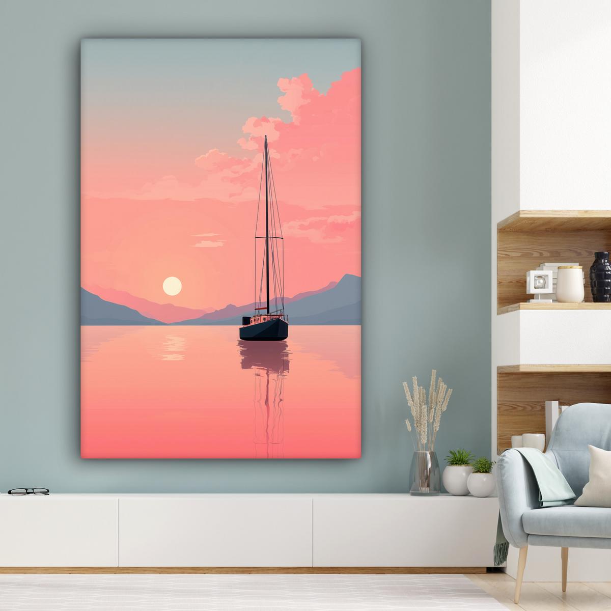 LEINWANDBILD Segelboot - Rosa Meer - Sonnenuntergang - Berge Deko Groß 90x140 cm - Rosa, Textil (90/140cm) - MuchoWow