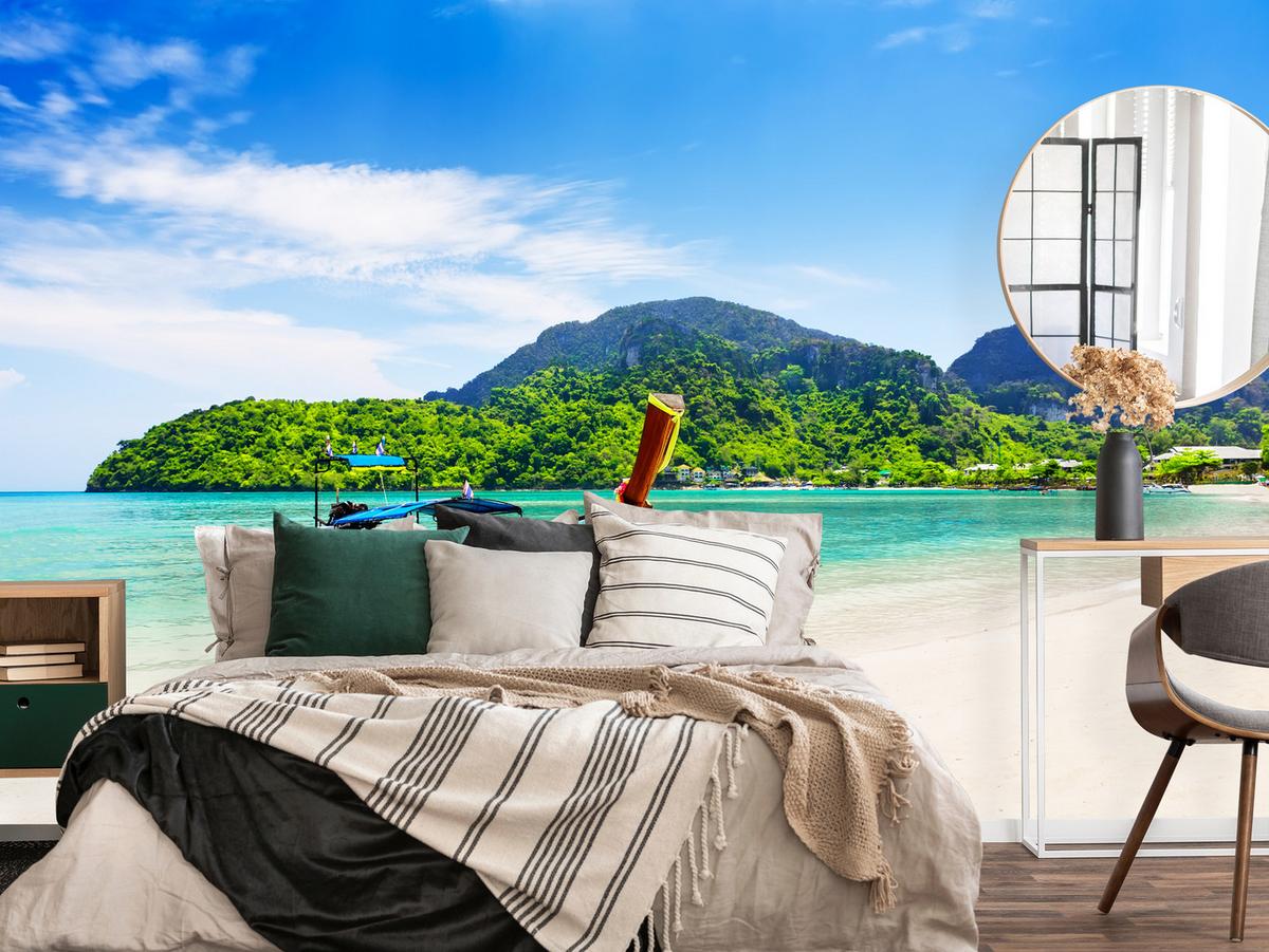 FOTOTAPETE für Schlafzimmer Boot Tropenstrand Palmen Meer 350x256 - Türkis/Blau, Papier (350/256cm) - Muralo
