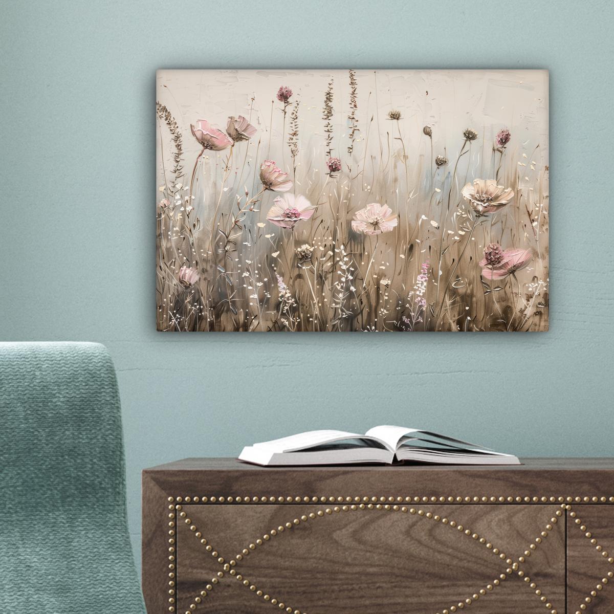 LEINWANDBILD Blumen - Rosa - Modern - Beige Deko Schlafzimmer 30x20 cm - Beige, Textil (30/20cm) - MuchoWow