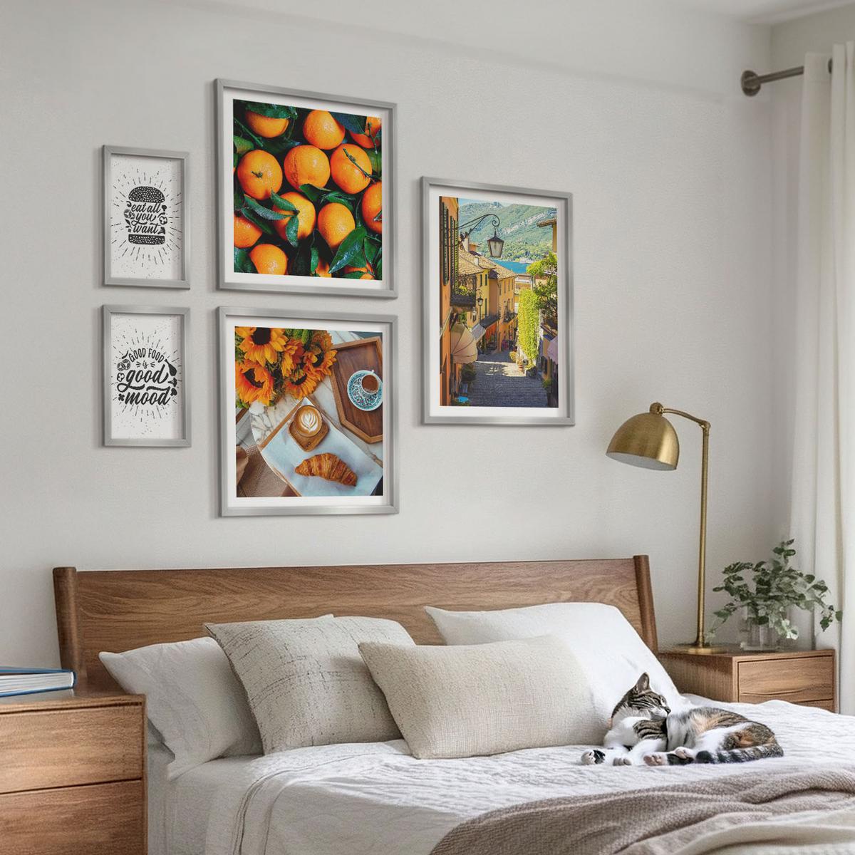 BILDER SET 5er Set - 50x50 cm & 20x30 cm & 40x60 cm Silberner Rahmen - Juicy Oranges Kitchen - Silberfarben, Kunststoff (40/60cm) - TULUP