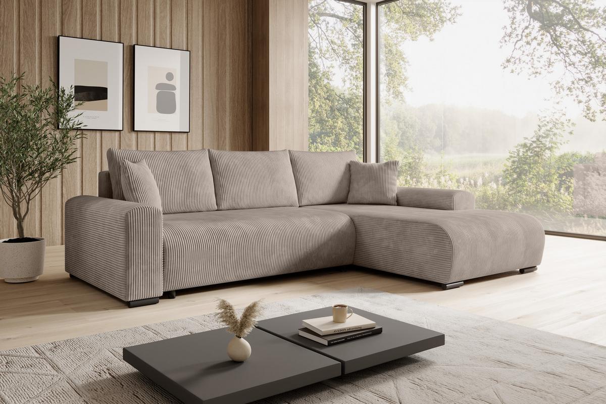 ECKSOFA Nelly mit Bettkasten und Schlaffunktion, Cordstoff in L-Form - Beige, Textil (270/185cm)