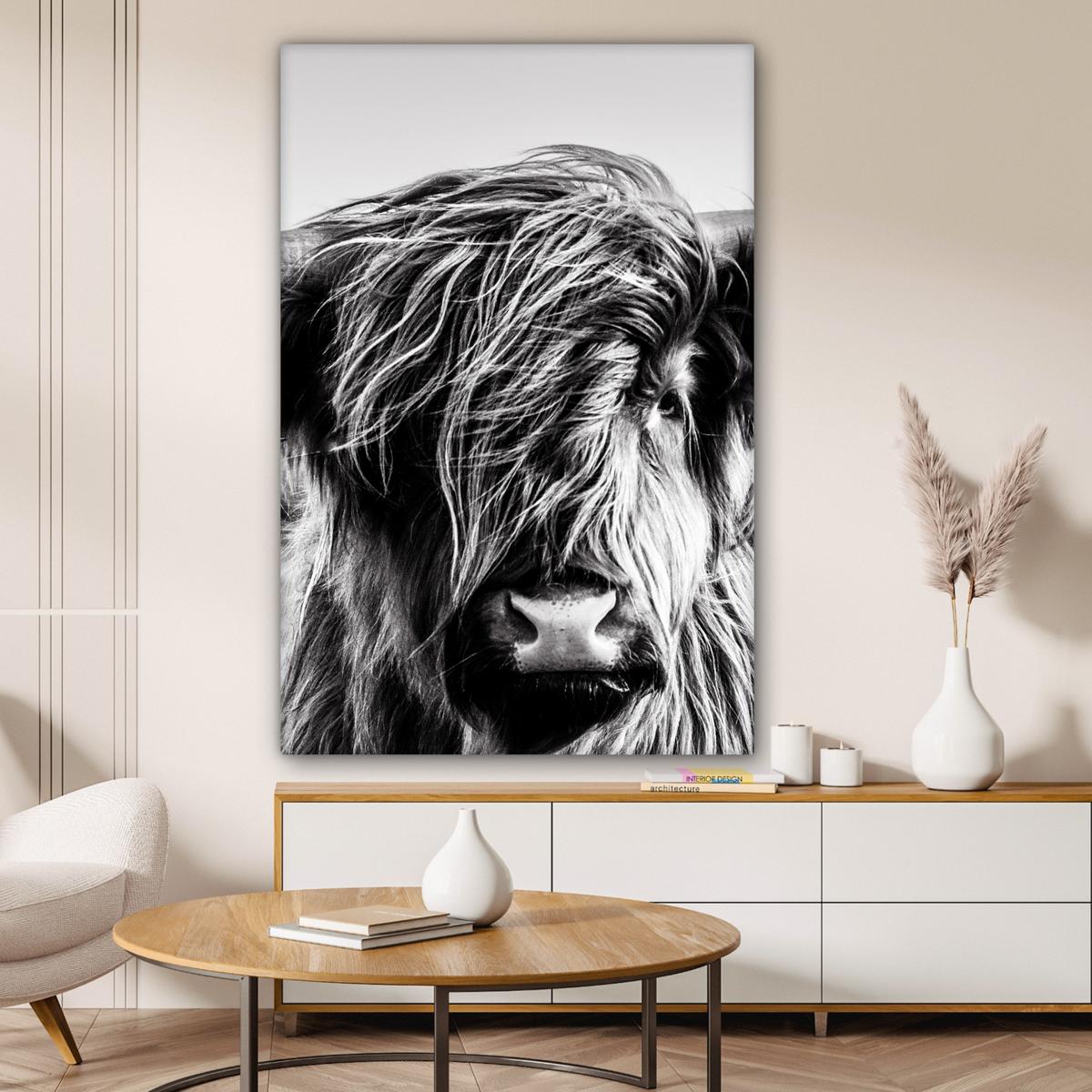 LEINWANDBILD Kuh - Schottischer Hochländer - Schwarz - Weiß - Tier - Natur - Wildtiere Deko Groß 90x140 cm - Schwarz, Textil (90/140cm) - MuchoWow