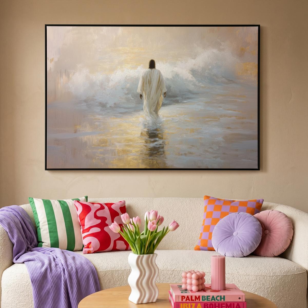LEINWAND Bilder mit Rahmen - Gemälde - Welle - Jesus - Abstrakt - 120x80 - Goldfarben, Textil (120/80cm) - MuchoWow