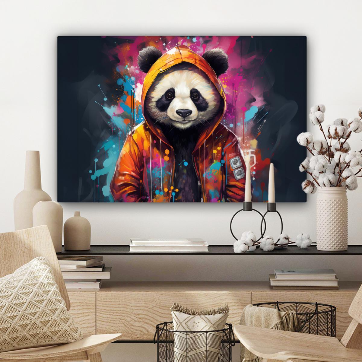 LEINWANDBILD Panda - Jacke - Graffiti - Orange XXL 150x100 cm - Orange, Textil (150/100cm) - MuchoWow