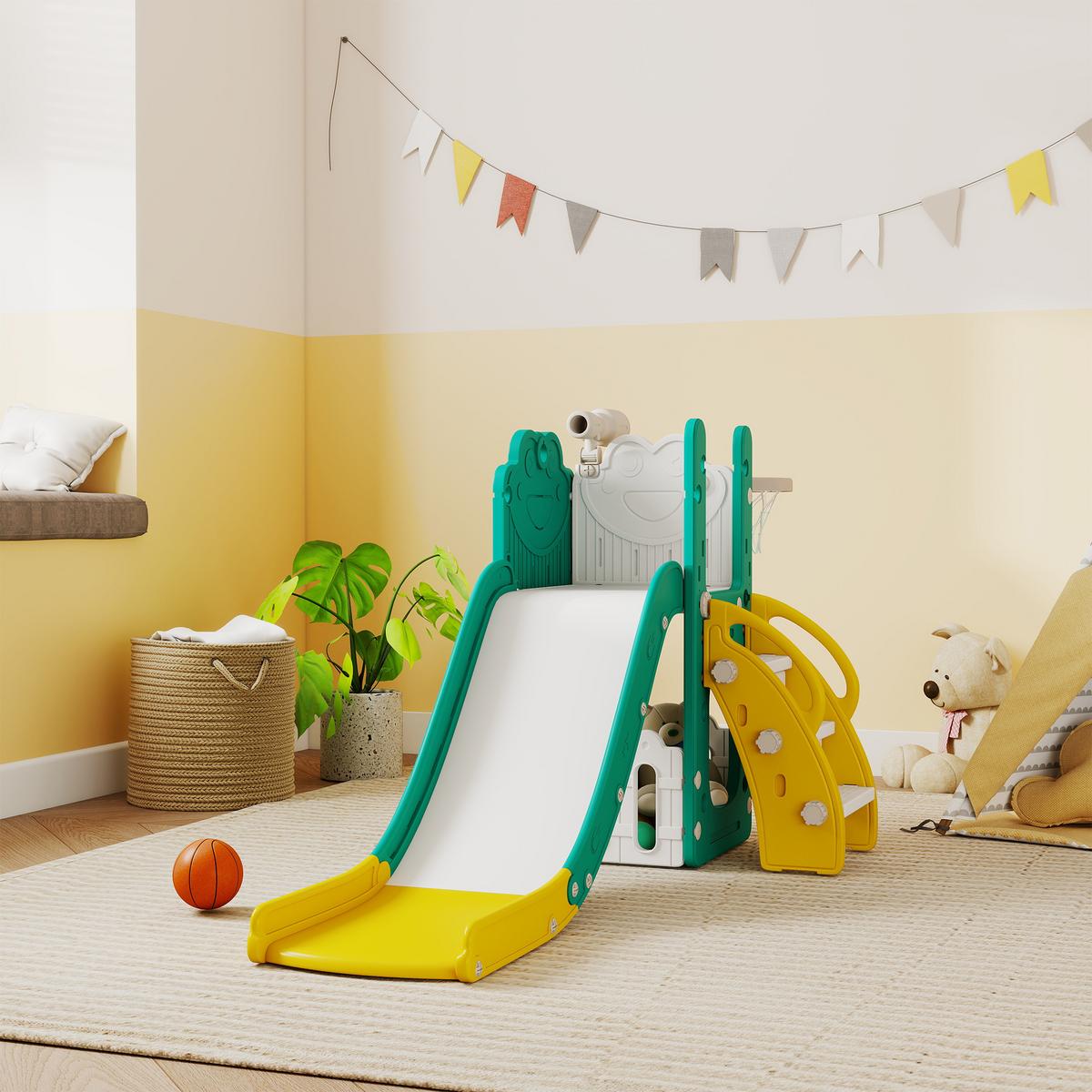 KINDERRUTSCHE 5 in 1 Indoor und Outdoor Babyrutsche mit Basketballkorb, Gelb - Gelb, Kunststoff (70/86/178cm) - AIYAPLAY