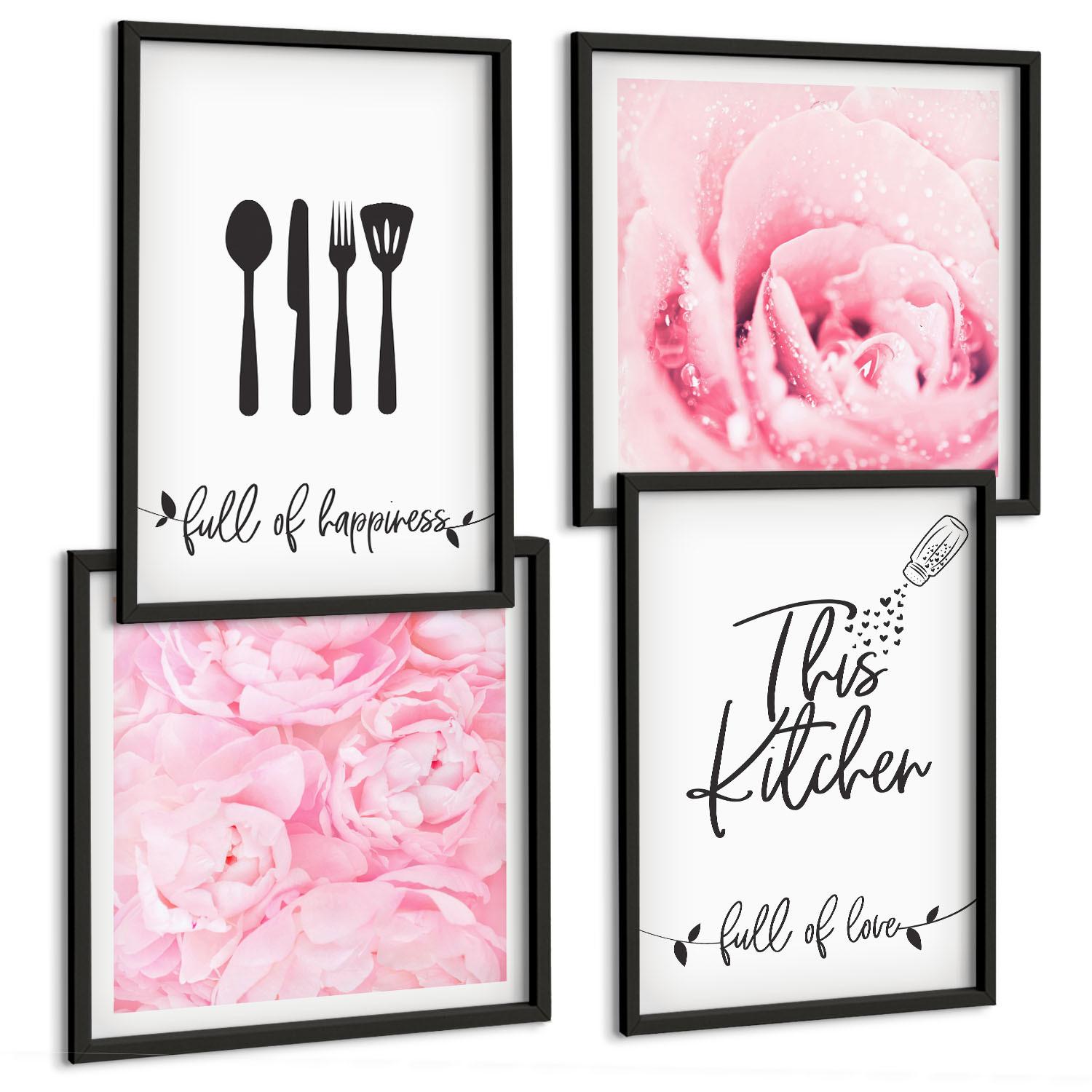 BILDER SET 4er Set - 50x50 cm & 40x60 cm Schwarzer Rahmen - Zarte Rosenblüten für die Küche - Schwarz, Kunststoff (50/50cm) - TULUP