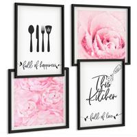BILDER SET 4er Set - 50x50 cm & 40x60 cm Schwarzer Rahmen - Zarte Rosenblüten für die Küche - Schwarz, Kunststoff (50/50cm) - TULUP
